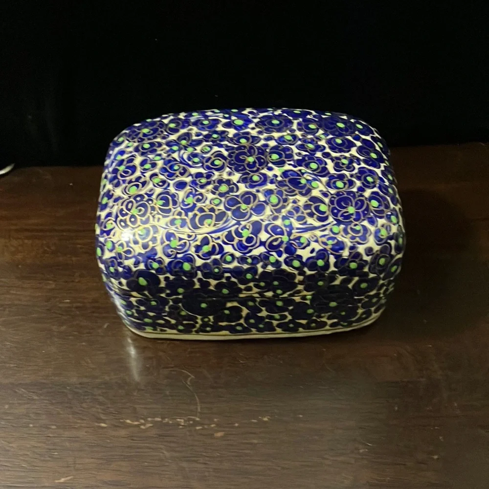 Vintage Indian Papier Mâché Blue, Black, & Gold Trinket / Jewelry Box